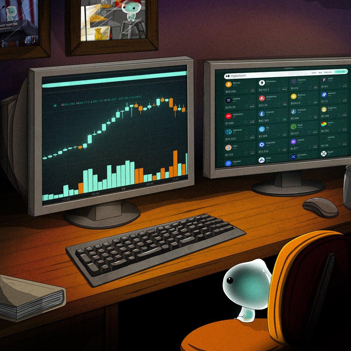 A tiny mint-colored character on an orange chair, watching trading charts on two monitors late at night.
