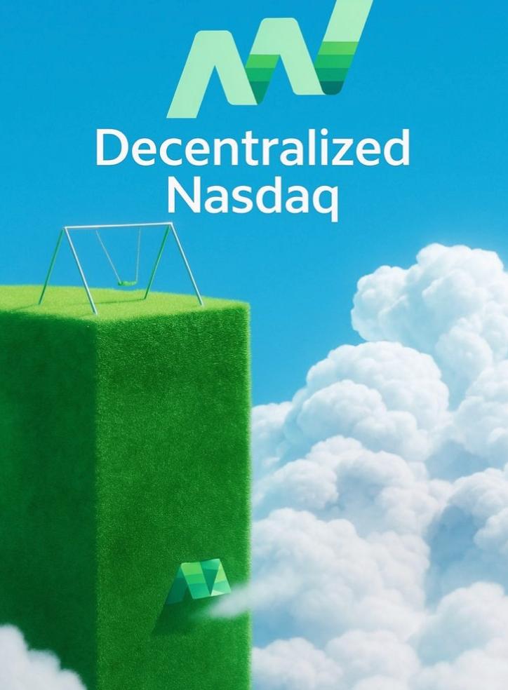 A swing on a floating grassy island above the clouds, with Decentralized Nasdaq lettering.
